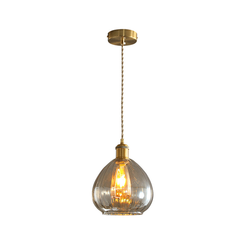 Vintage Gold Pendant Dining Room Hanging Light with Amber Glass Shade
