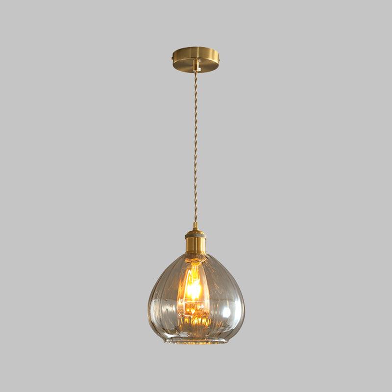 Vintage Gold Pendant Dining Room Hanging Light with Amber Glass Shade