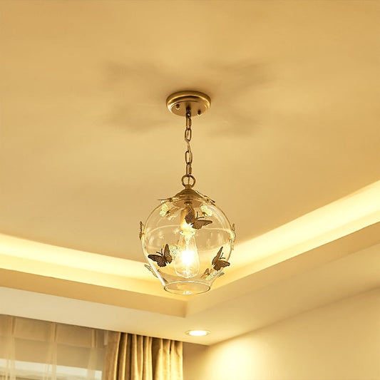 Suspension en verre transparent en forme de goutte - Lampe de chambre à coucher contemporaine à 1 lumière avec décoration papillon