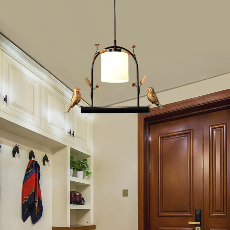 Modern Birdcage Ceiling Light with Black & Gold Metal, Cream Glass Shade & Bird Decor