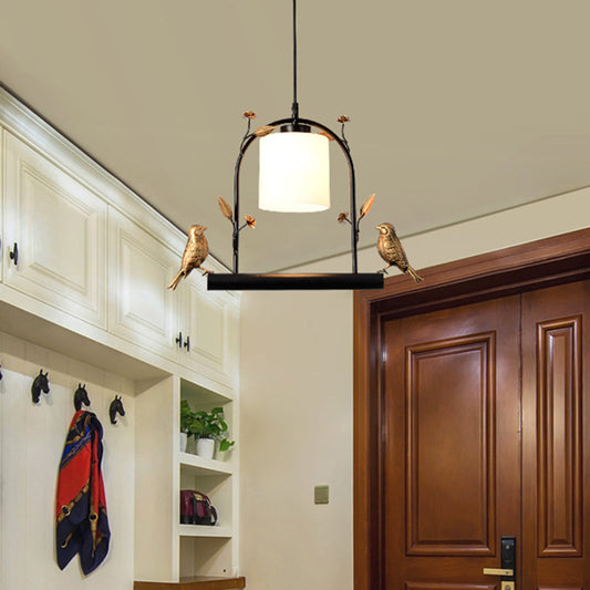 Modern Birdcage Ceiling Light with Black & Gold Metal, Cream Glass Shade & Bird Decor