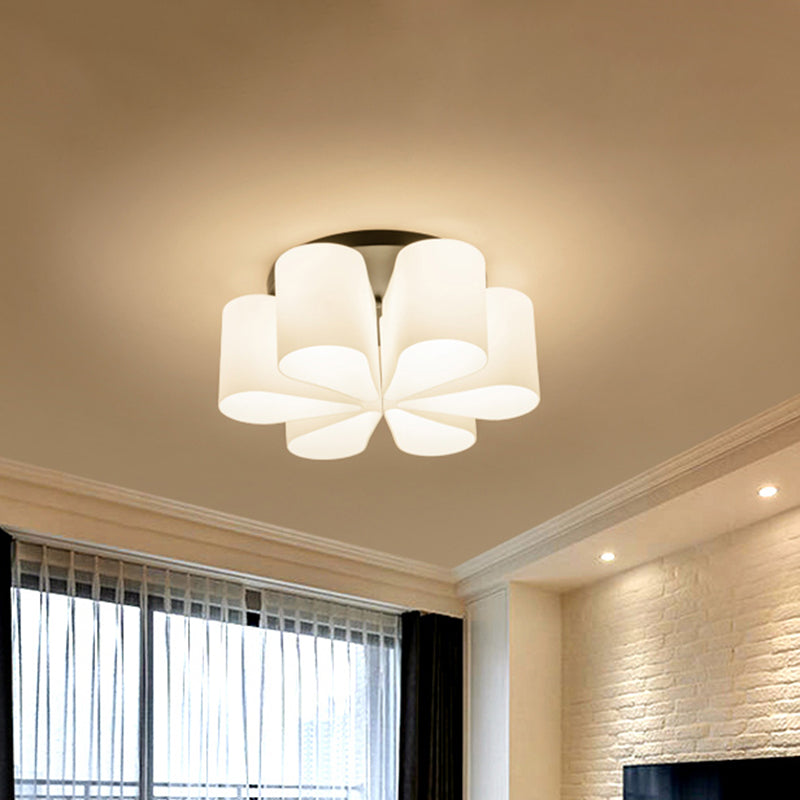 Contemporary 6-Head Black Flush Mount: Flower Milk White Glass Flush Lighting for Living Room