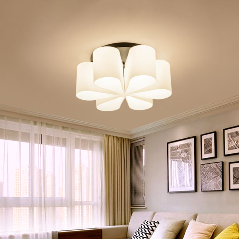 Contemporary 6-Head Black Flush Mount: Flower Milk White Glass Flush Lighting for Living Room