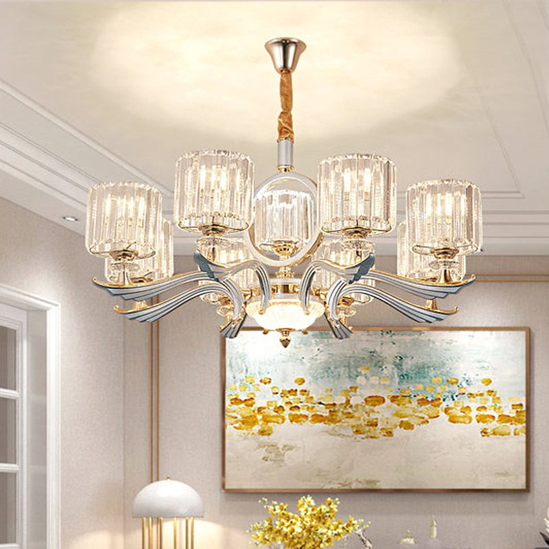 Lustre à suspension cylindrique en cristal contemporain - Argent, tête 6/8 - Idéal pour les salles à manger