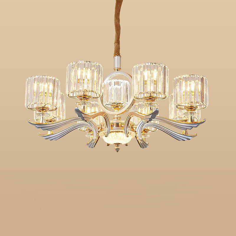 Lustre à suspension cylindrique en cristal contemporain - Argent, tête 6/8 - Idéal pour les salles à manger