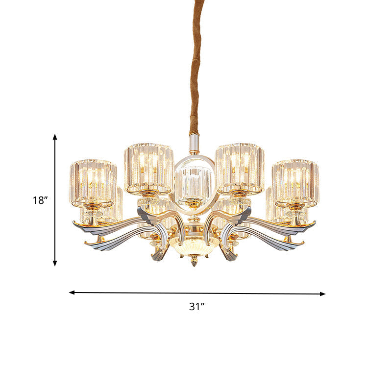 Lustre à suspension cylindrique en cristal contemporain - Argent, tête 6/8 - Idéal pour les salles à manger