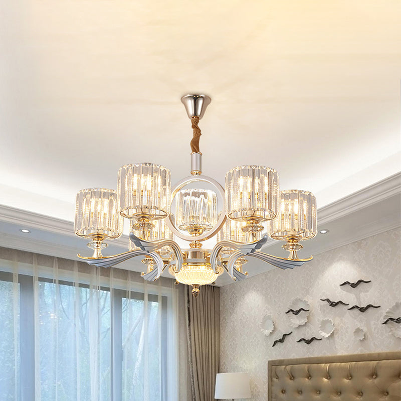 Lustre à suspension cylindrique en cristal contemporain - Argent, tête 6/8 - Idéal pour les salles à manger