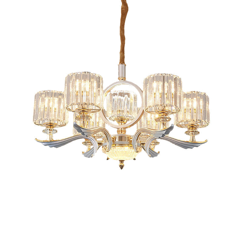 Lustre à suspension cylindrique en cristal contemporain - Argent, tête 6/8 - Idéal pour les salles à manger