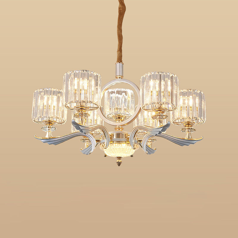 Lustre à suspension cylindrique en cristal contemporain - Argent, tête 6/8 - Idéal pour les salles à manger