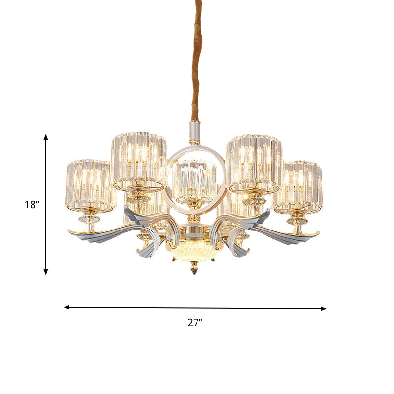 Lustre à suspension cylindrique en cristal contemporain - Argent, tête 6/8 - Idéal pour les salles à manger