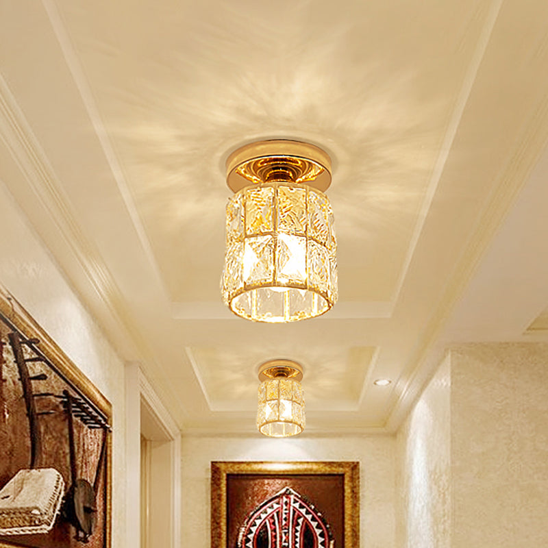 Minimalistic LED Flushmount Lighting: Cylinder/Globe Shaped Crystal Lamp, Gold-Finished