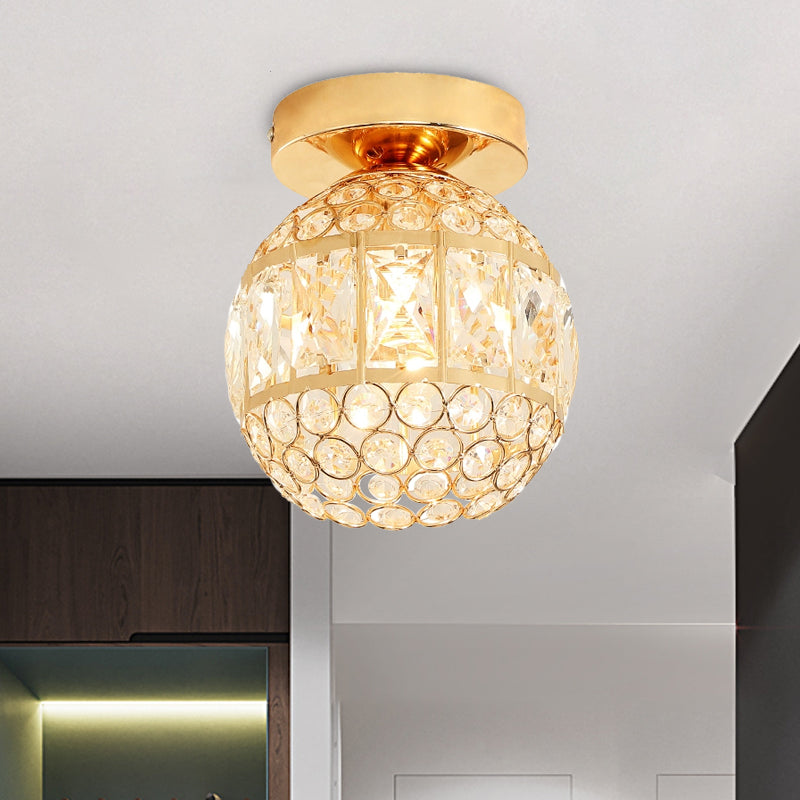 Minimalistic LED Flushmount Lighting: Cylinder/Globe Shaped Crystal Lamp, Gold-Finished
