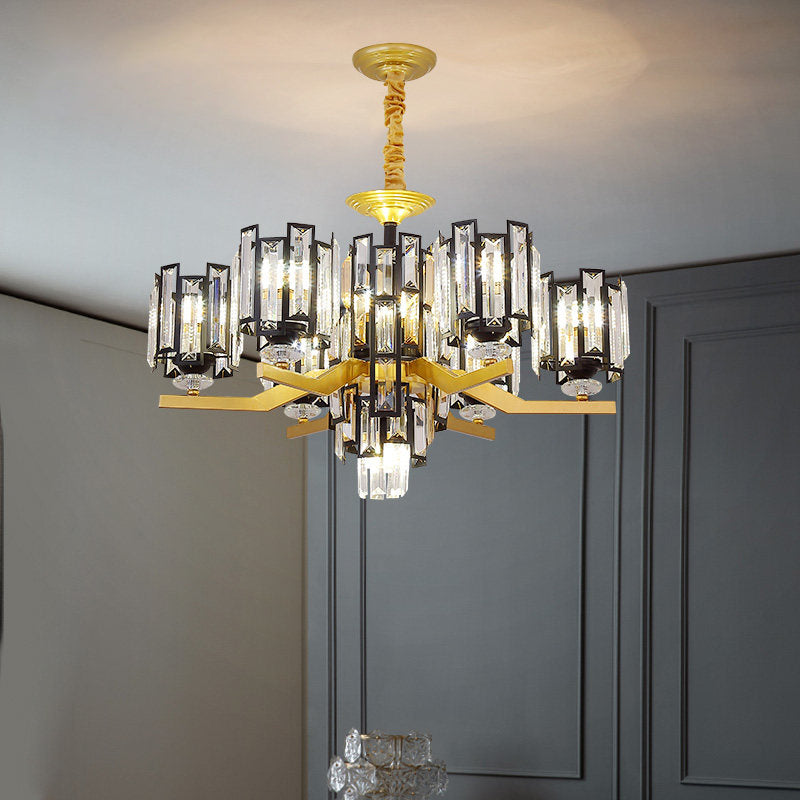Lustre suspendu rectangulaire en cristal cylindrique moderne en noir/or - 4/7 lumières, luminaire de salon