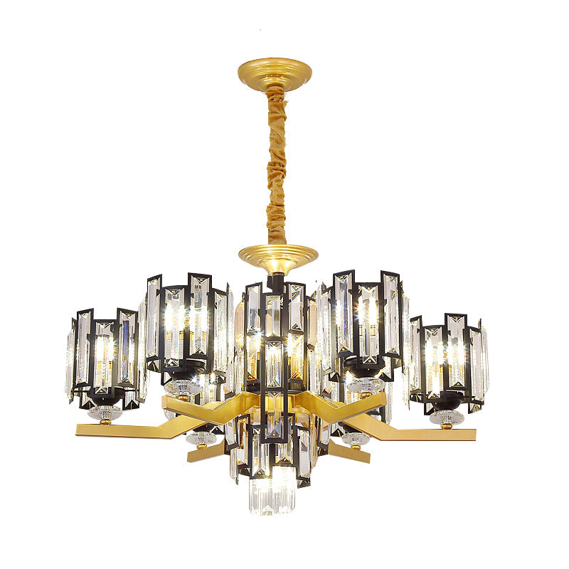 Lustre suspendu rectangulaire en cristal cylindrique moderne en noir/or - 4/7 lumières, luminaire de salon