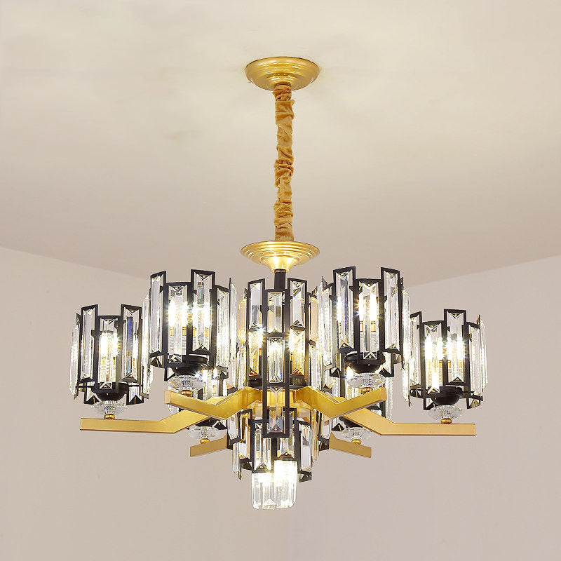 Lustre suspendu rectangulaire en cristal cylindrique moderne en noir/or - 4/7 lumières, luminaire de salon