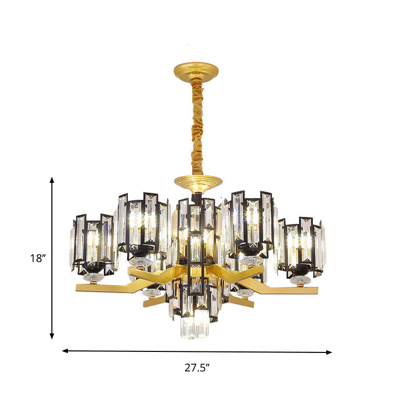 Lustre suspendu rectangulaire en cristal cylindrique moderne en noir/or - 4/7 lumières, luminaire de salon