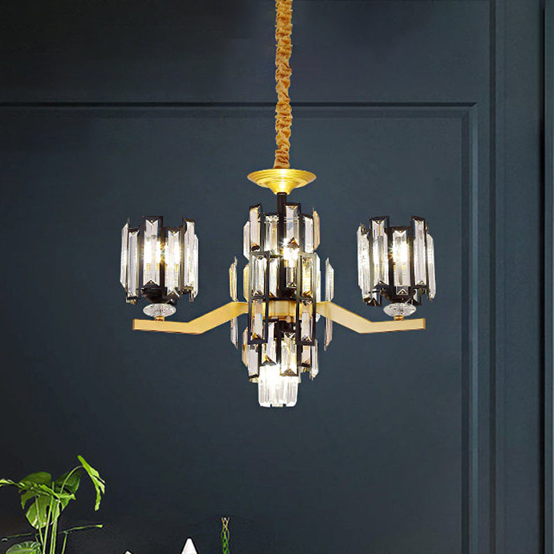 Lustre suspendu rectangulaire en cristal cylindrique moderne en noir/or - 4/7 lumières, luminaire de salon