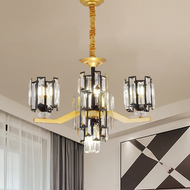 Lustre suspendu rectangulaire en cristal cylindrique moderne en noir/or - 4/7 lumières, luminaire de salon