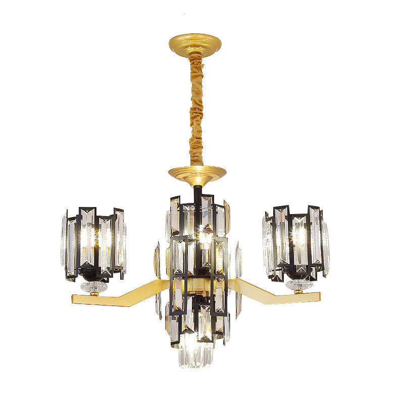 Lustre suspendu rectangulaire en cristal cylindrique moderne en noir/or - 4/7 lumières, luminaire de salon