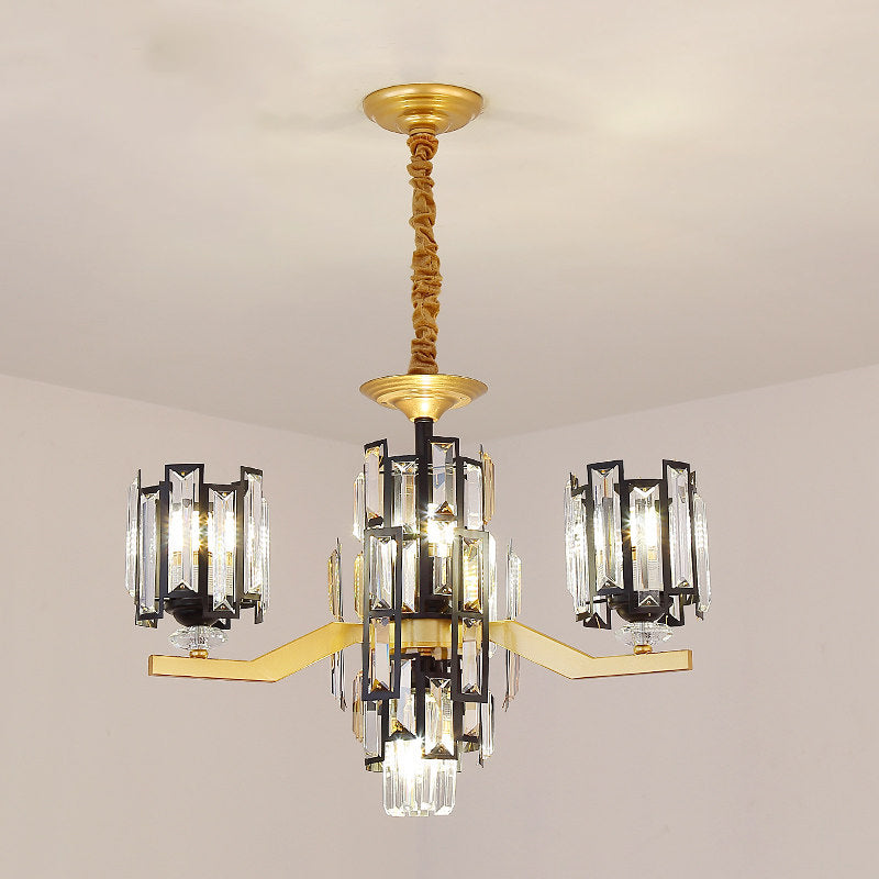 Lustre suspendu rectangulaire en cristal cylindrique moderne en noir/or - 4/7 lumières, luminaire de salon
