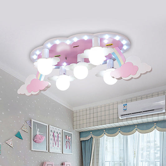 Rainbow Girl's Wood Ceiling Lamp: Pink 5-Light Cartoon Flush Mount with Open Bulb Design