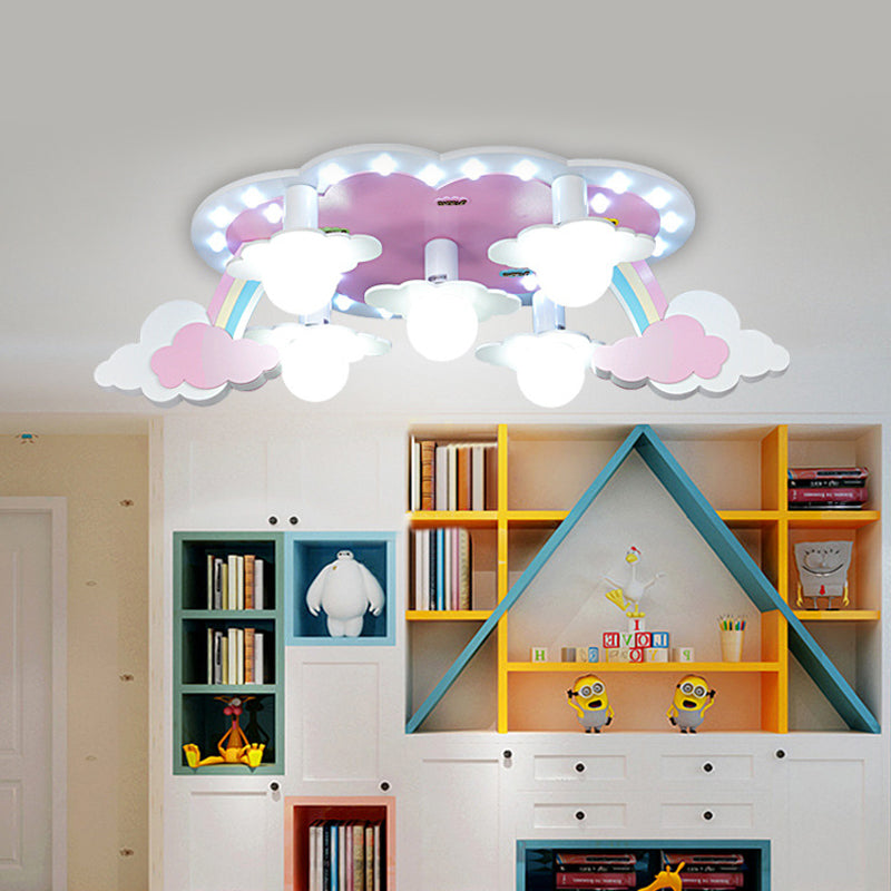Rainbow Girl's Wood Ceiling Lamp: Pink 5-Light Cartoon Flush Mount with Open Bulb Design