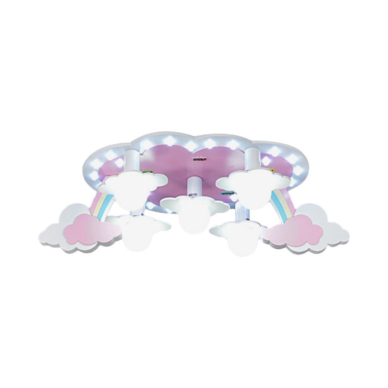 Rainbow Girl's Wood Ceiling Lamp: Pink 5-Light Cartoon Flush Mount with Open Bulb Design