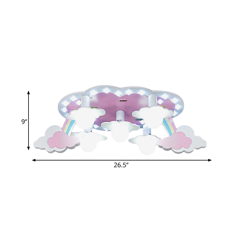 Rainbow Girl's Wood Ceiling Lamp: Pink 5-Light Cartoon Flush Mount with Open Bulb Design