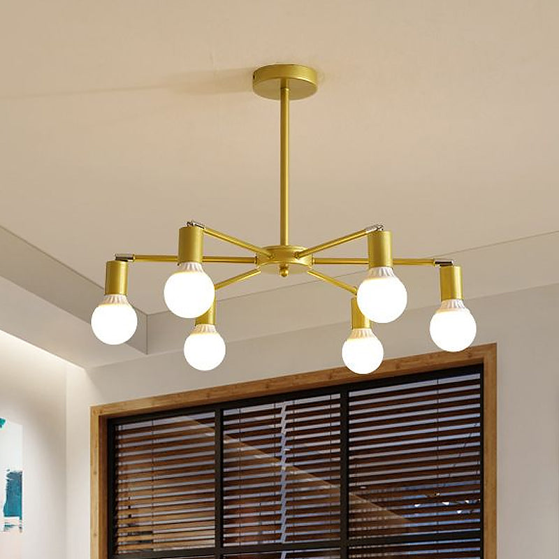 Gold Radial Metal Chandelier with Hanging Lights for Bedroom - Modern Design with Bare Bulb