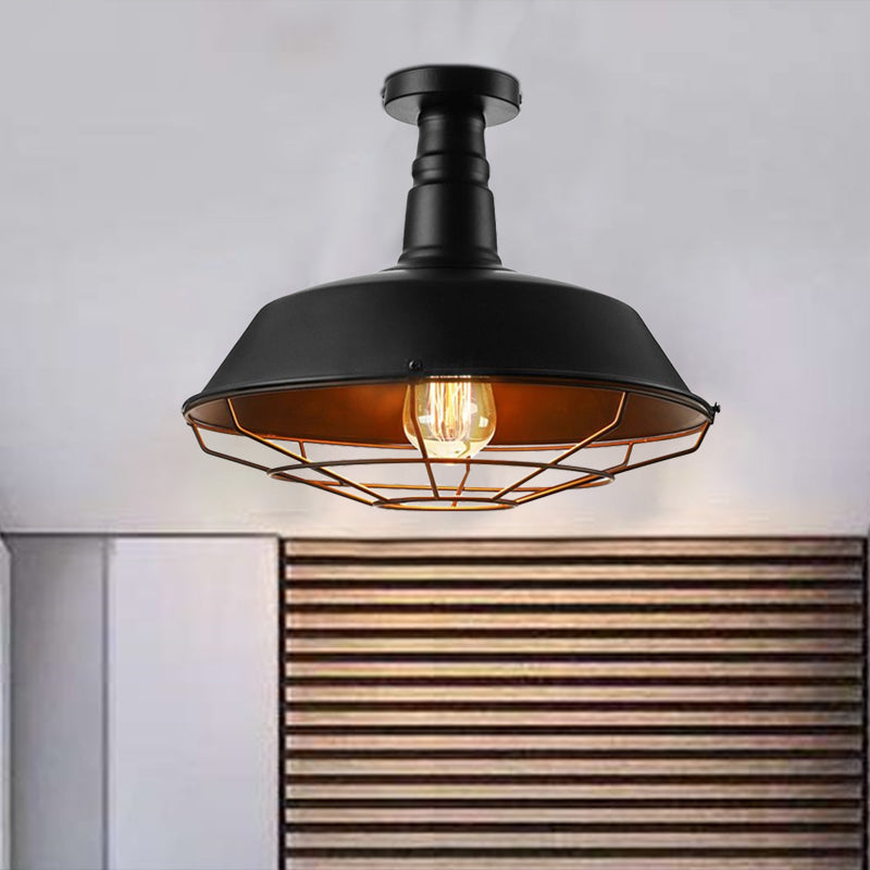 Black Vintage Metal Cage Ceiling Light, Semi Flush Mount, Indoor 1-Head Lighting with Barn Shade - 10"/14"/18" Width
