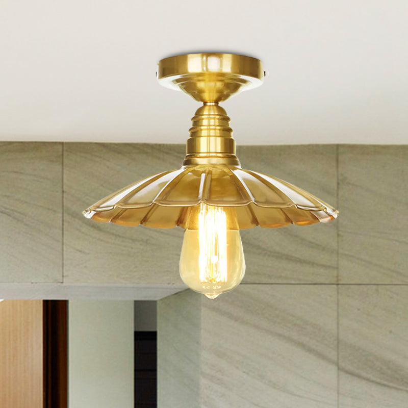Vintage Waveforms/Scalloped Shade Semi Flush Ceiling Light - Brass Finish, 8"/9.5" W, Metal Fixture