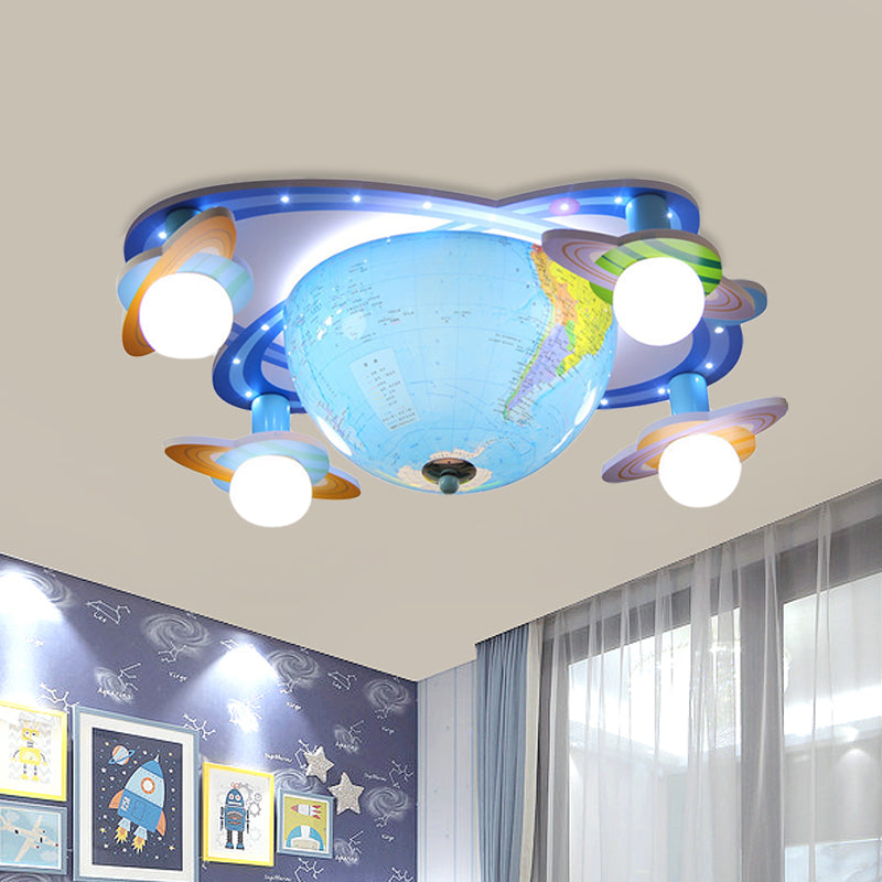 Plafonnier rotatif pour enfants en forme d'orbite terrestre - Luminaire encastré bleu avec 4 ampoules en acrylique, base blanche et 3 options de lumière de couleur