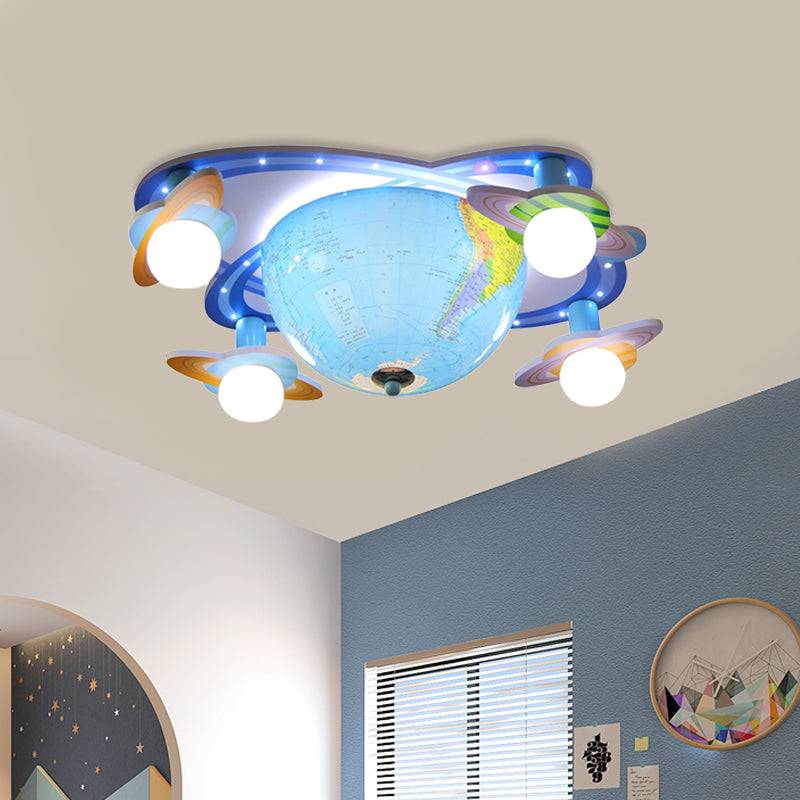 Plafonnier rotatif pour enfants en forme d'orbite terrestre - Luminaire encastré bleu avec 4 ampoules en acrylique, base blanche et 3 options de lumière de couleur