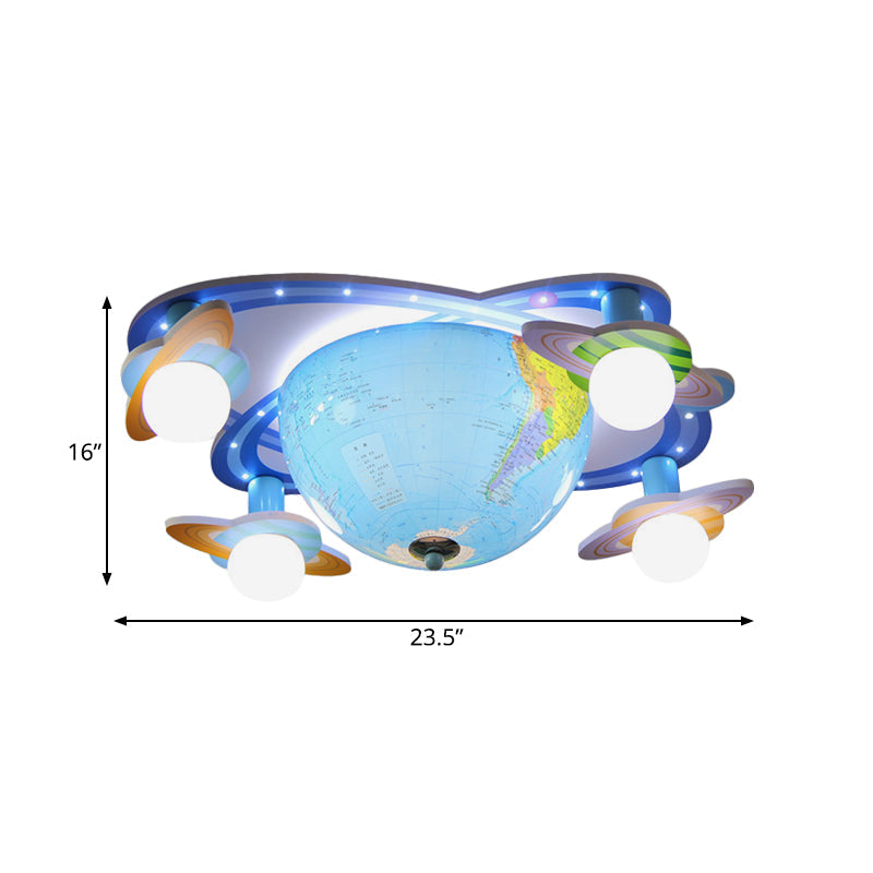 Plafonnier rotatif pour enfants en forme d'orbite terrestre - Luminaire encastré bleu avec 4 ampoules en acrylique, base blanche et 3 options de lumière de couleur