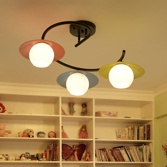 Black Macaron Swirled Iron Semi Flush Mount Ceiling Light with 3 Bulbs and Colored Saucer Cap