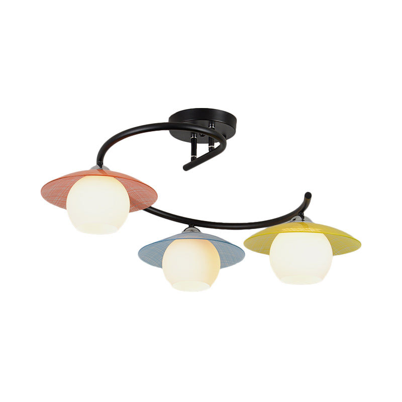 Plafonnier semi-encastré en fer tourbillonné Macaron noir avec 3 ampoules et capuchon de soucoupe coloré