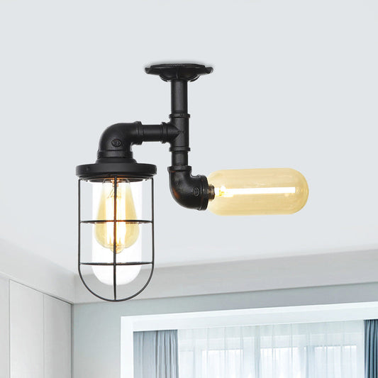 Vintage Black Ceiling Mounted Light with Clear Glass Orb and Cage for Corridors (2 Lights)
