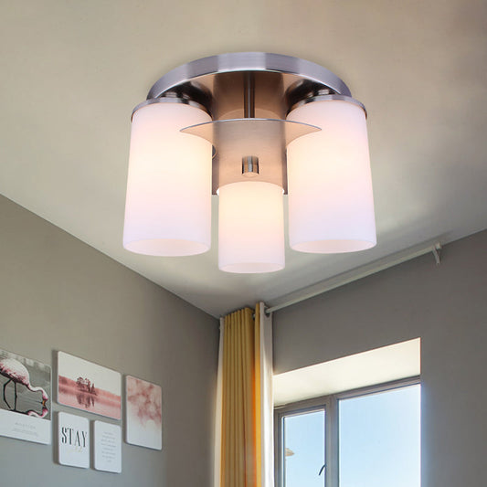 Modern Chrome Flush Mount Lighting - 3-Light Bedroom Fixture with Cream Glass Shade