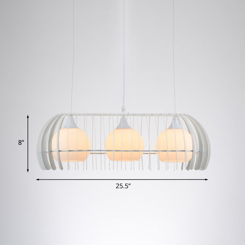 Modernist Pendant Lamp- White Glass 3-Head Dining Room Island Light Fixture With Cage