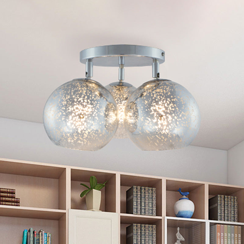 Modern Chrome Semi Flush Ceiling Lamp with Frosted/Silver Dot Glass, 3 Bulbs