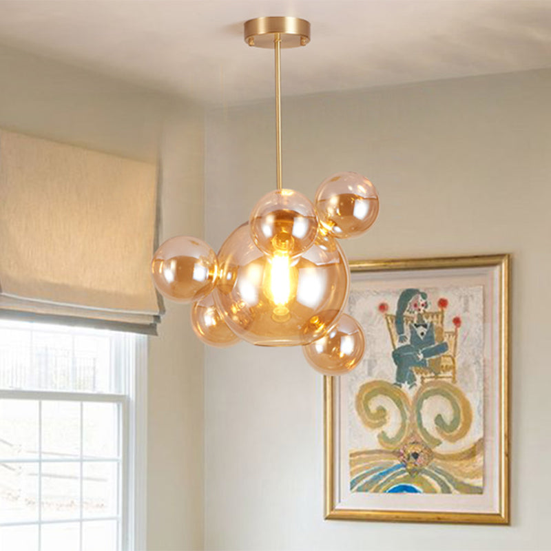 Modernist Amber Glass Pendant Lamp for Dining Table - 1 Light Bubble Shape Hanging Kit