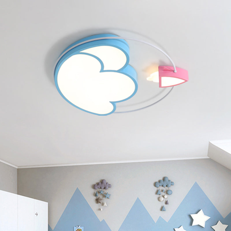 Cartoon Blue Rocket Flush Light: LED Ceiling Fixture