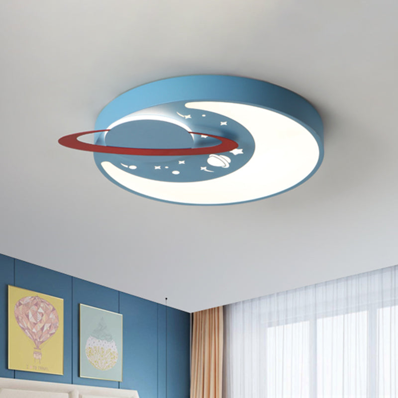 Children's LED Flush Mount Light Fixture in White/Blue with Moon and Planet Design