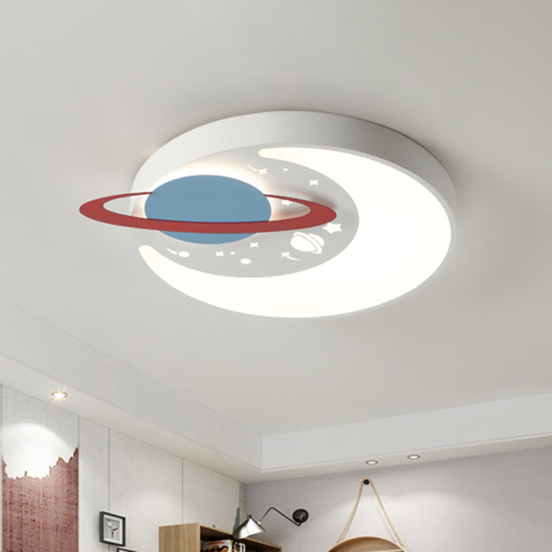 Children's LED Flush Mount Light Fixture in White/Blue with Moon and Planet Design