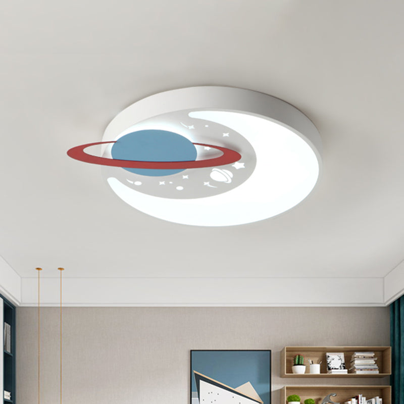 Children's LED Flush Mount Light Fixture in White/Blue with Moon and Planet Design
