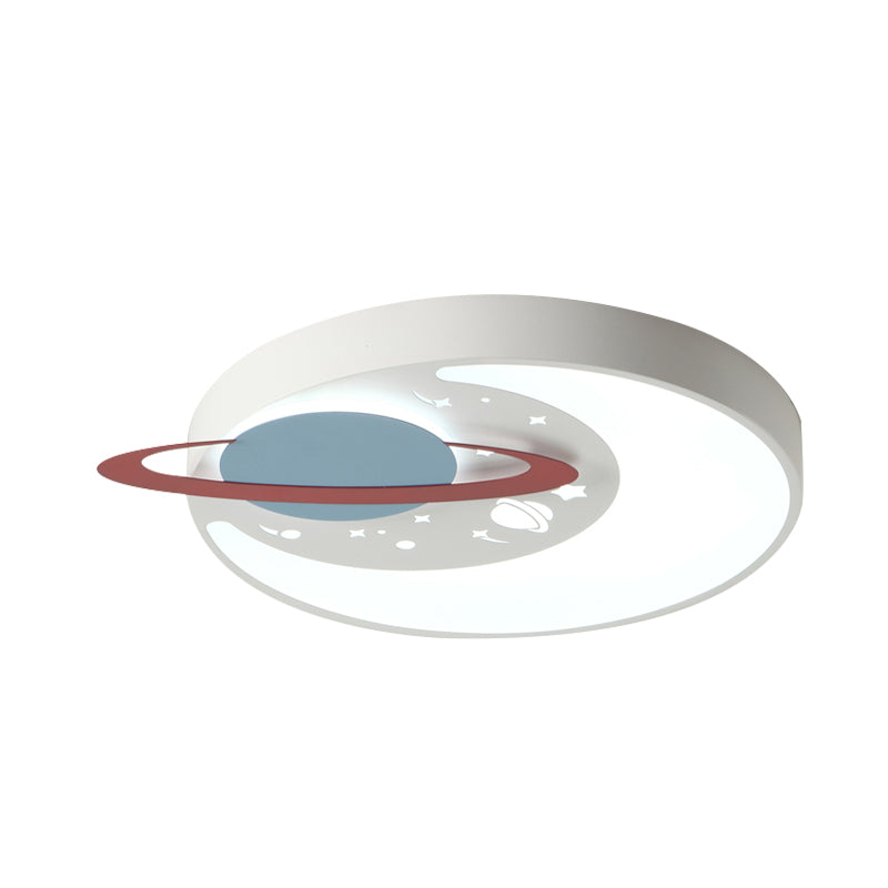 Children's LED Flush Mount Light Fixture in White/Blue with Moon and Planet Design