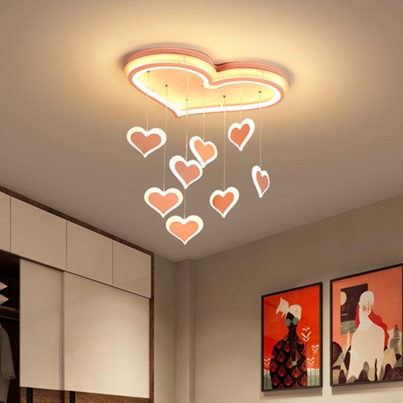 Waterfall Heart Iron Ceiling Lamp - Macaron Pink LED Flush Mount Lighting for Bedroom
