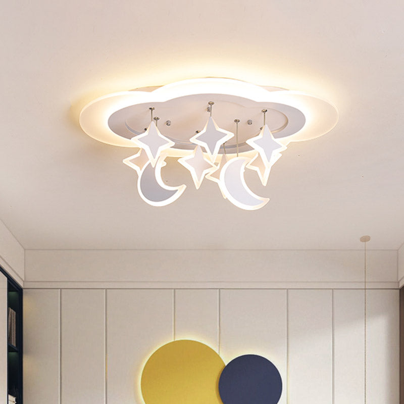 Kid-friendly Acrylic Cloudy LED Flush Ceiling Light with Dangling Moon and Star - Warm/White Glow