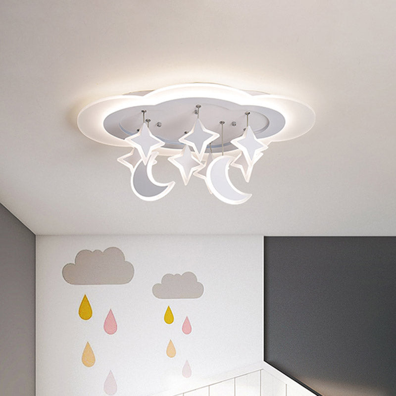 Kid-friendly Acrylic Cloudy LED Flush Ceiling Light with Dangling Moon and Star - Warm/White Glow
