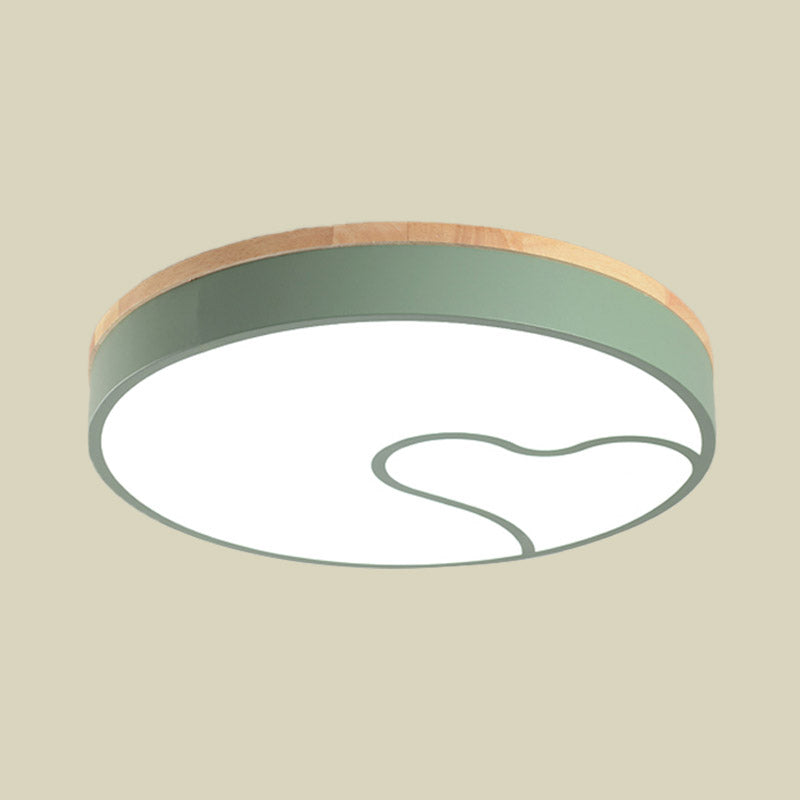 Green/White/Grey Macaron Ceiling LED Light with Wave Pattern and Wood Accent